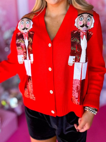 Nutcracker Ribbed Hem V-Neck Cardigan Scarlet