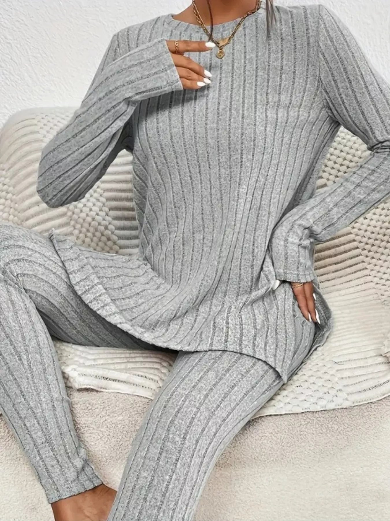 Side Slit Ribbed Top and Pants Set