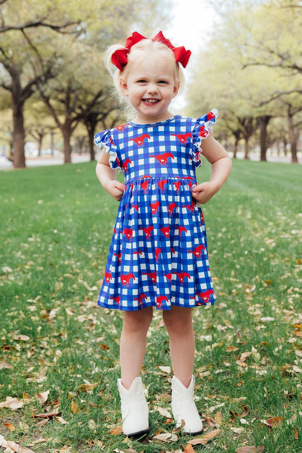 SMU Plaid Mustang Flutter Twirl Dress