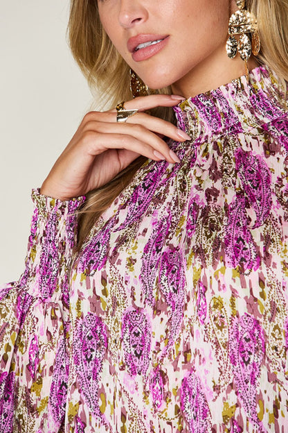 Semi-Sheer Smocked Top with Long Sleeves & Frills