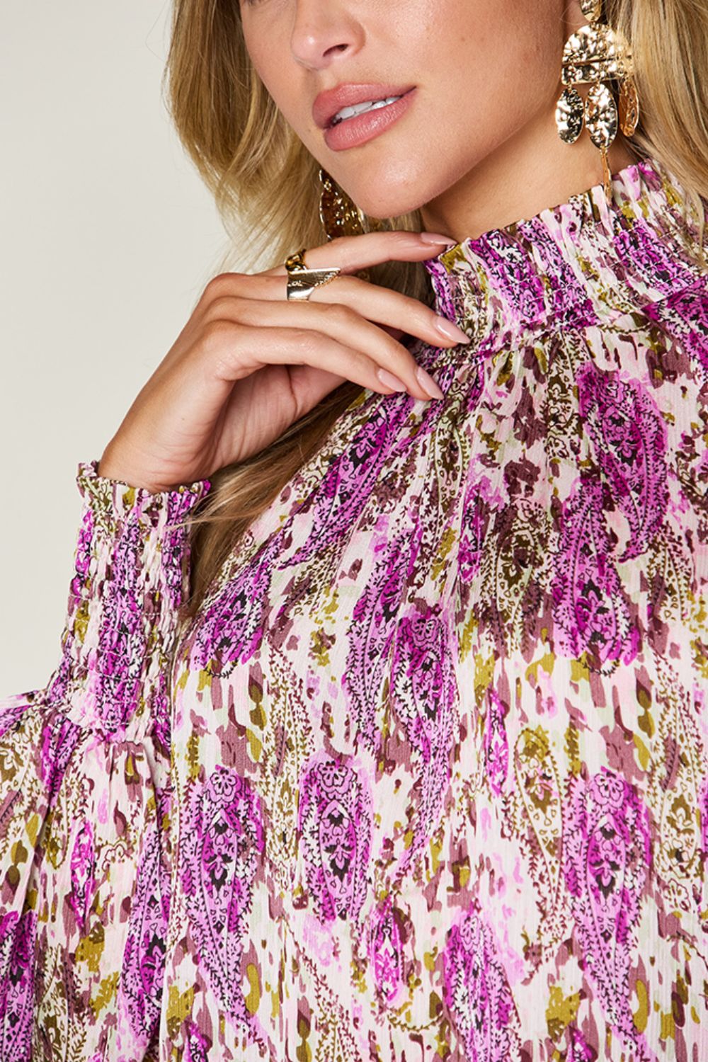 Semi-Sheer Smocked Top with Long Sleeves & Frills