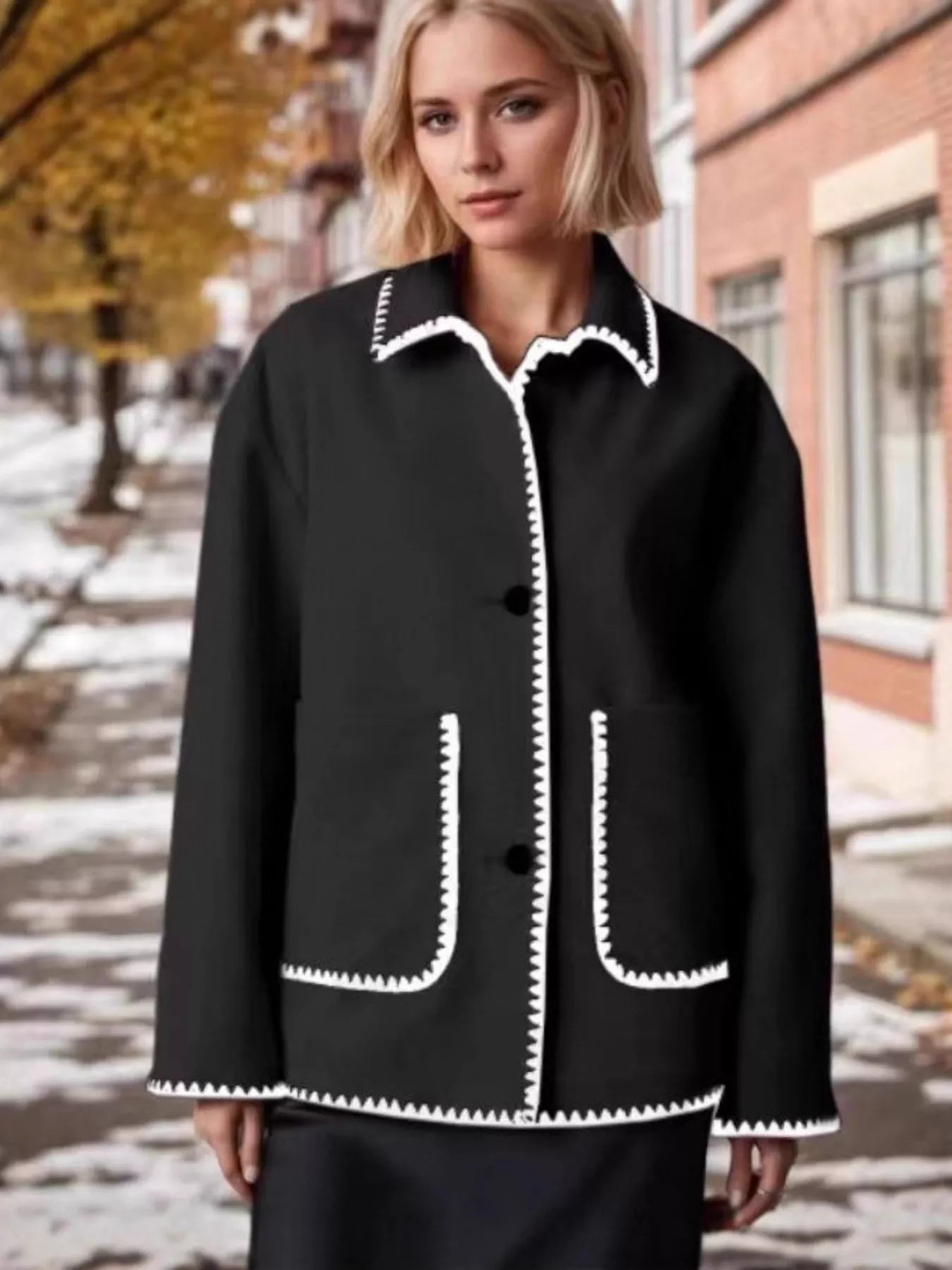 Contrast Trim Drop Shoulder Outerwear Black