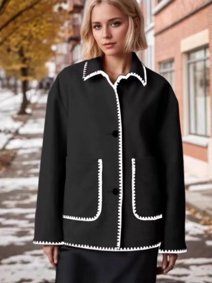 Contrast Trim Drop Shoulder Outerwear Black