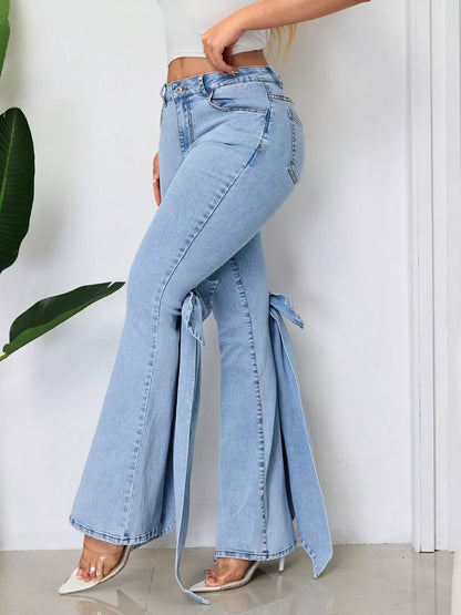 Bow-Accented Flare Leg Jeans