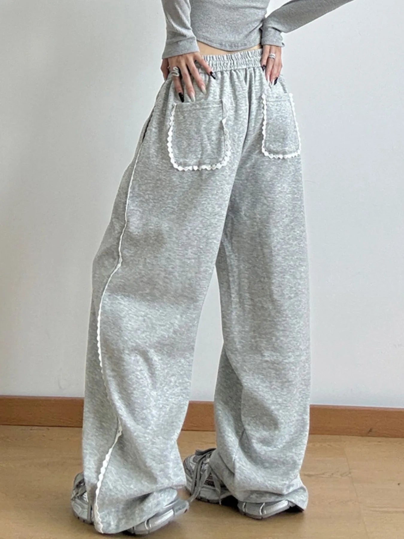 Loose Fit Wide Leg Casual Drawstring Pants Gray