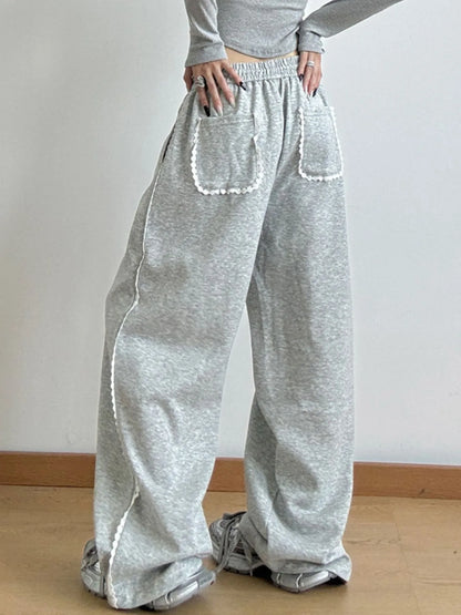 Loose Fit Wide Leg Casual Drawstring Pants Gray