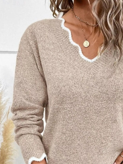 Full Size Scalloped Trim V-Neck Sweater Plus Size