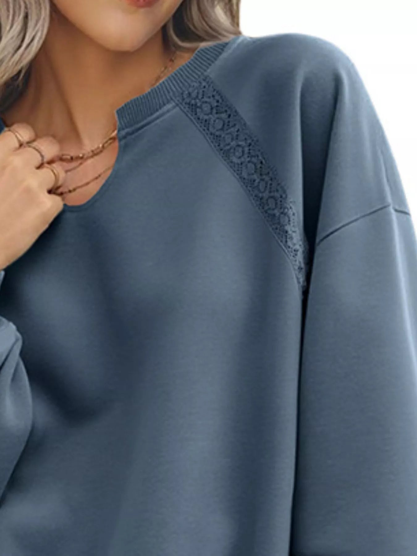 Lace Detail Notched Long Sleeve Sweatshirt