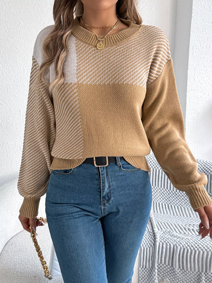 Color Block Striped Round Neck Sweater
