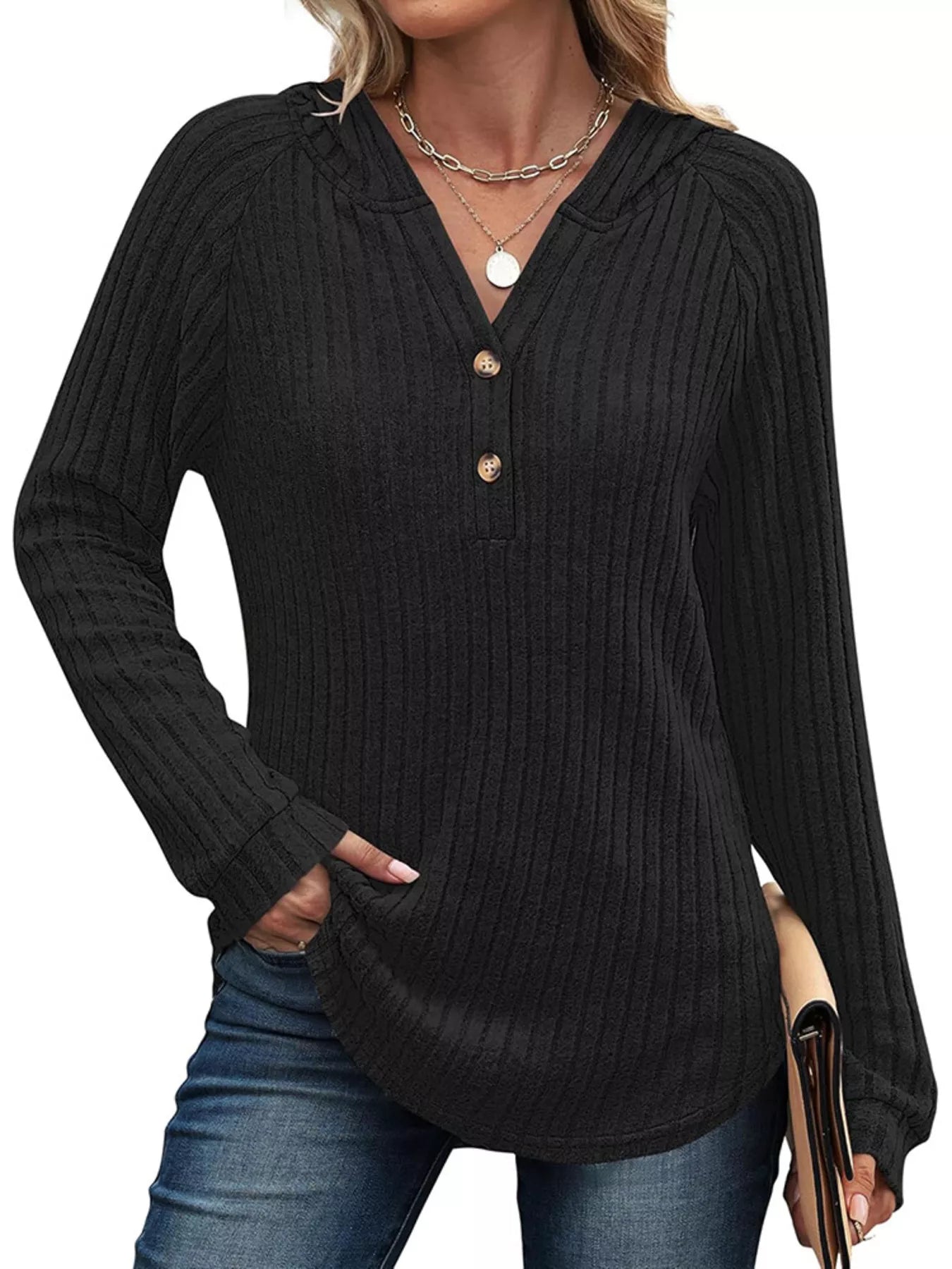 Full Size Ribbed Knit Button Detail Hooded Top Plus Size Black