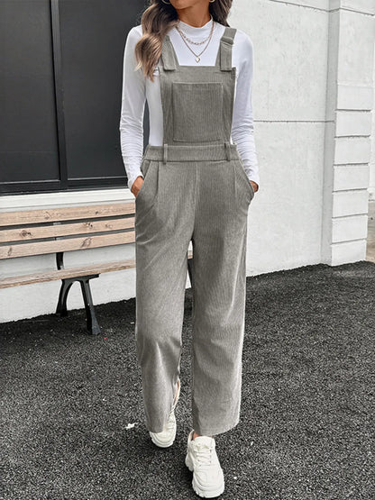 Slit Wide Leg Overalls with Pockets Grey