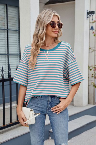 Contrast Striped Round Neck Half Sleeve T-Shirt Teal Pink