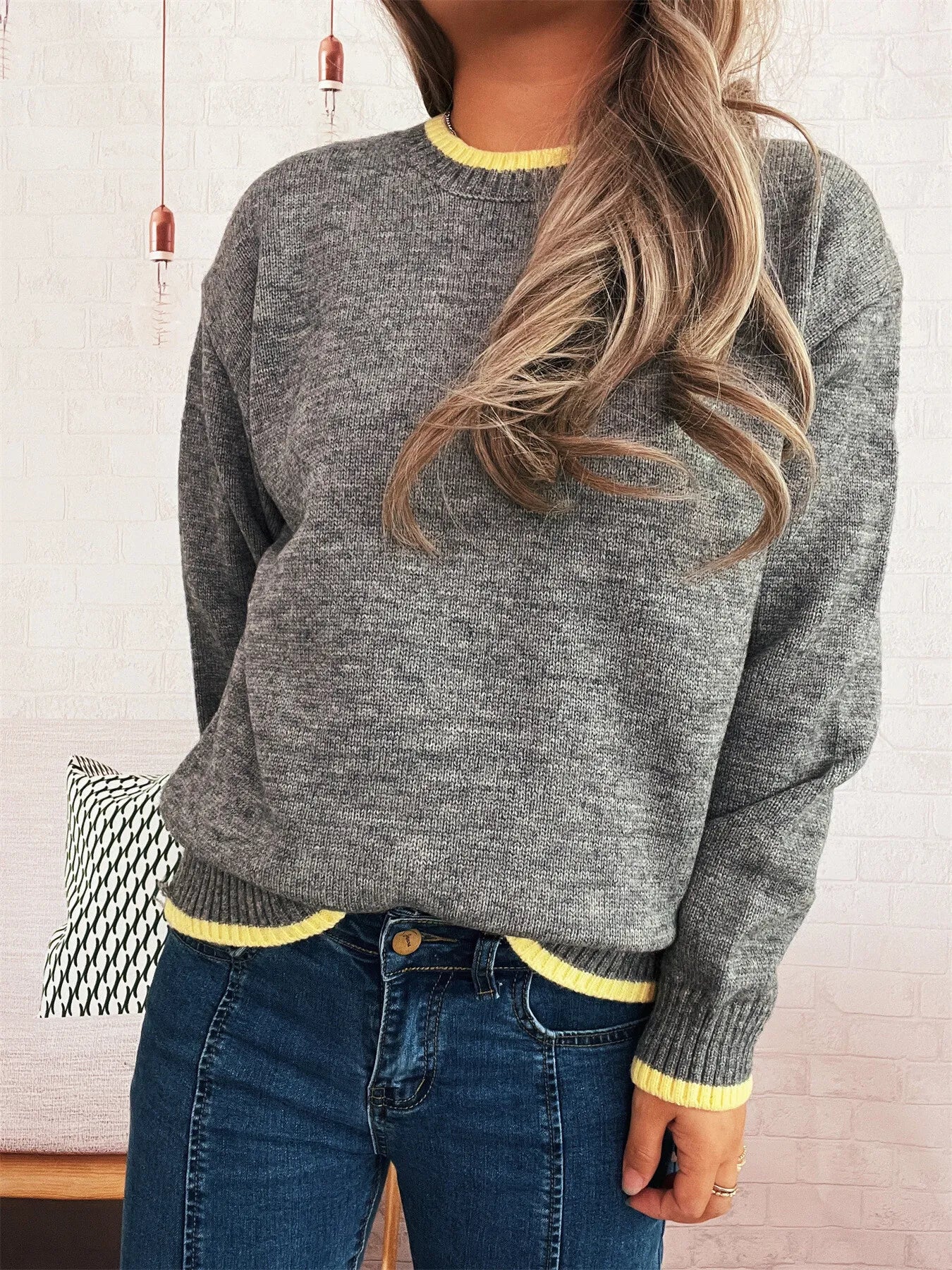 Ribbed Contrast Trim Long Sleeve Sweater