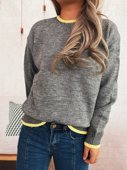 Ribbed Contrast Trim Long Sleeve Sweater