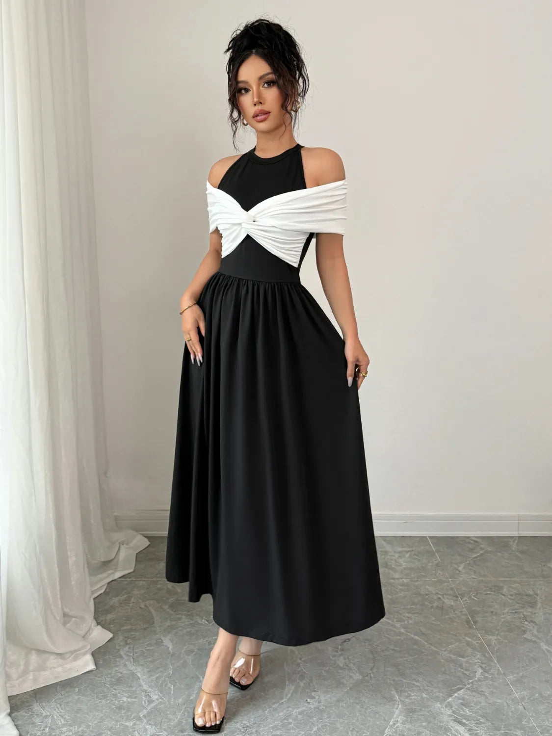 Twisted Contrast Cold Shoulder Midi Dress