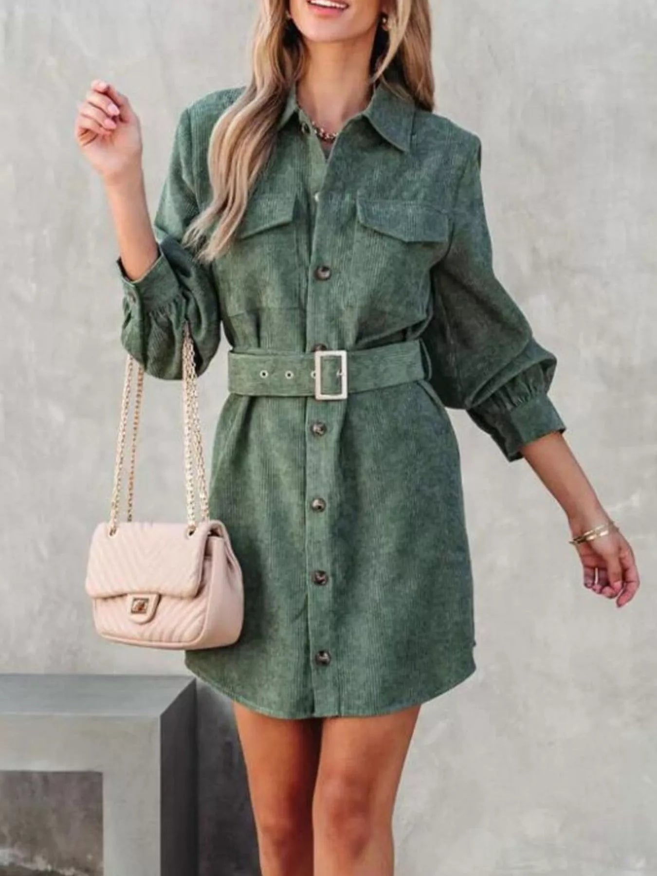 Button Front Belt Long Sleeve Corduroy Dress