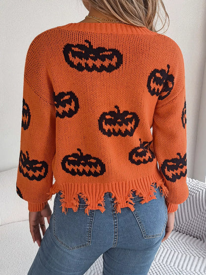 Halloween Pumpkin Pattern Raw Hem V-Neck Sweater