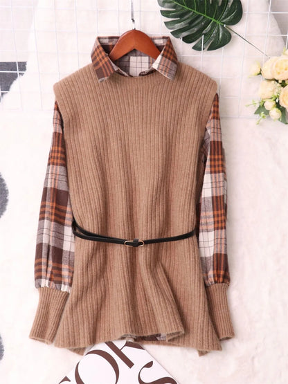 Plaid Long Sleeve Sweater Dress Brown One Size