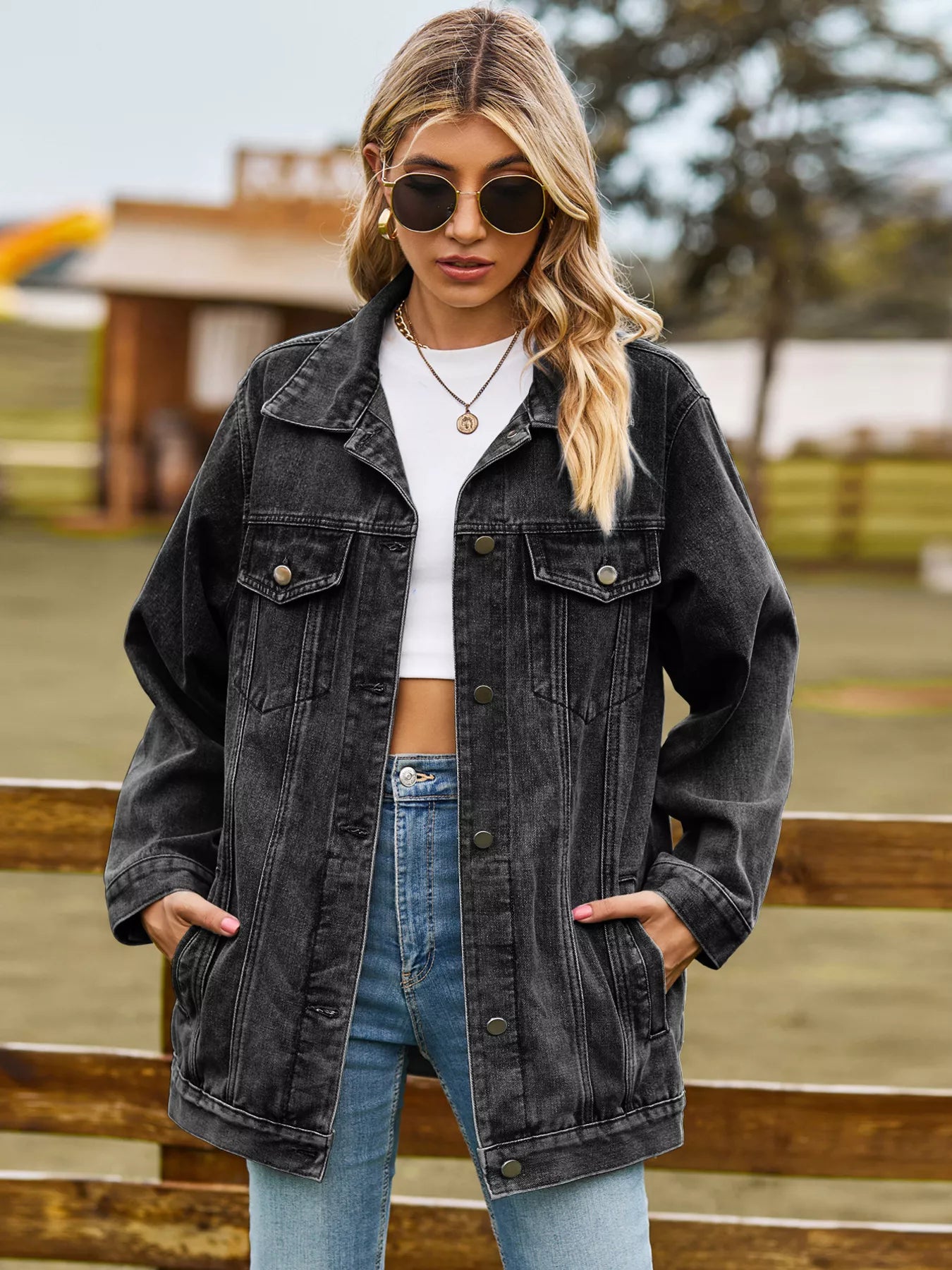 Button Up Long Sleeve Denim Jacket Black