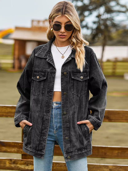 Button Up Long Sleeve Denim Jacket Black