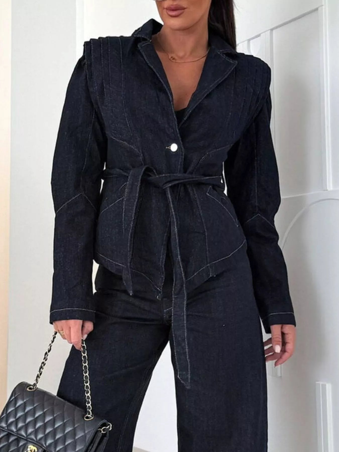 One Button Cropped Denim Jacket with Belted