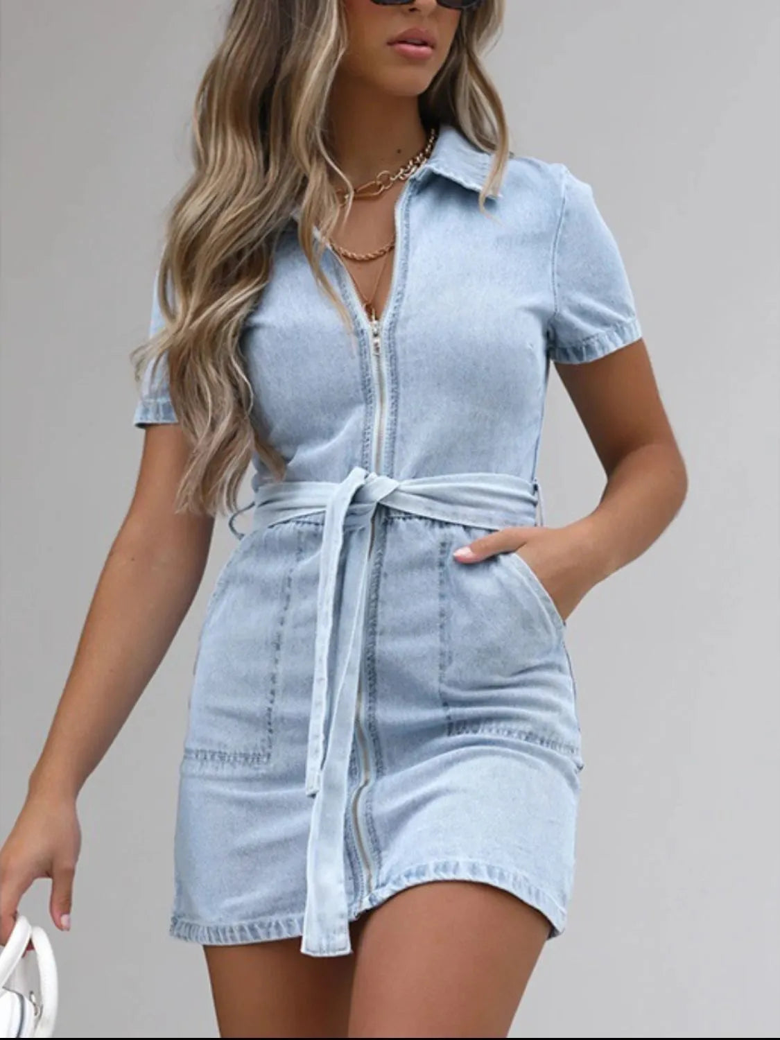 Full Size Zip Front Short Sleeve Denim Dress Plus Size