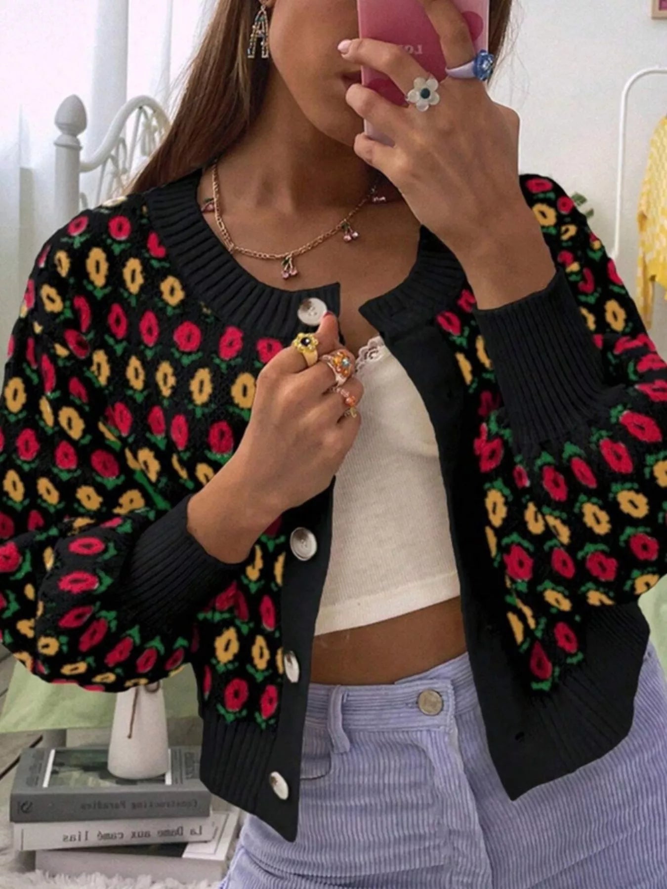 Floral Button Up Long Sleeve Cardigan Black