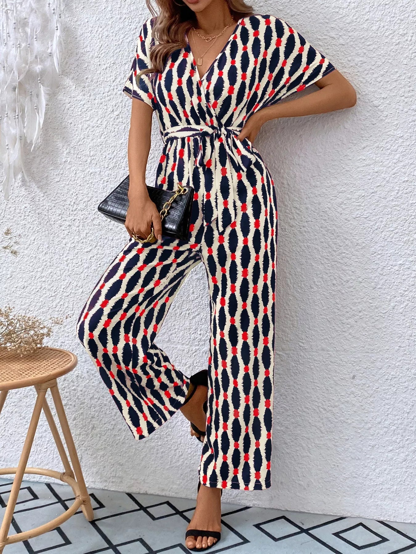 Printed Surplice Tie Waist Short Sleeve Jumpsuit