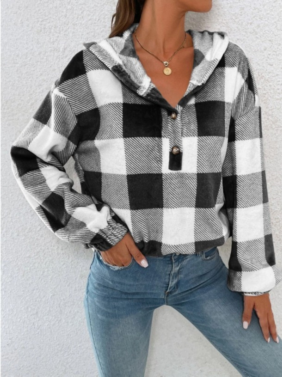 Plaid Half Button Long Sleeve Hoodie Black