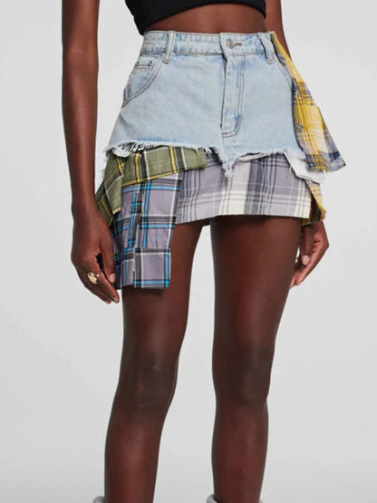Raw Hem Denim Mini Skirt with Plaid Patch Details