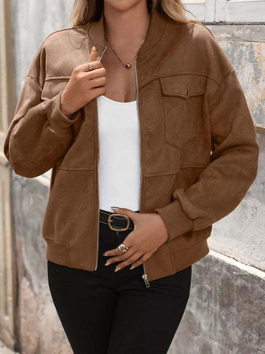 Zip Up Dropped Shoulder Jacket Brown