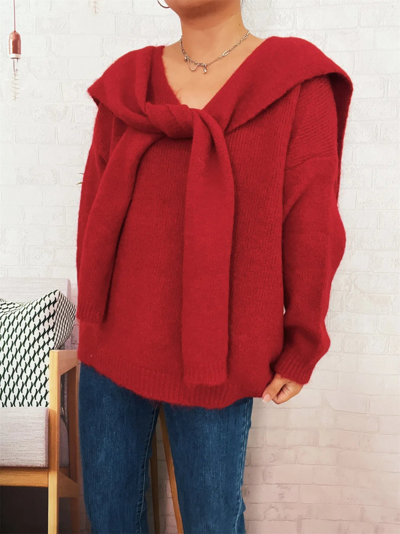 Ribbed Hem V-Neck Sweater with Shawl