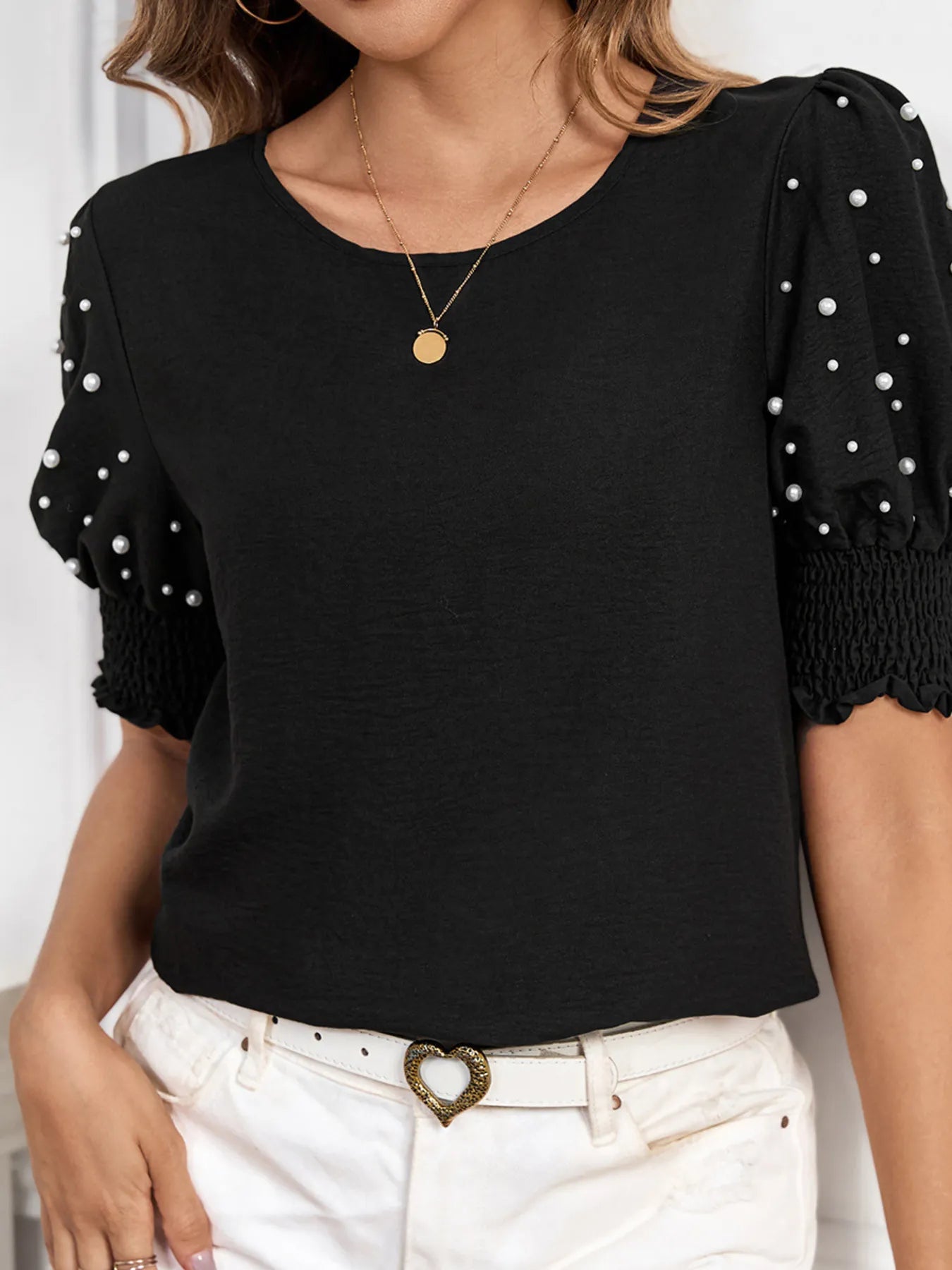 Pearl Embellished Puff Sleeve Blouse