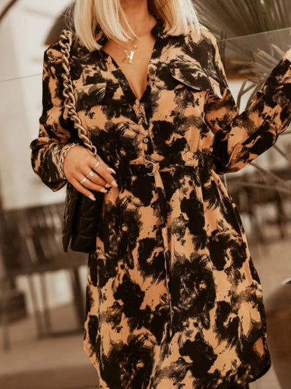 Printed Button Front Long Sleeve Dress