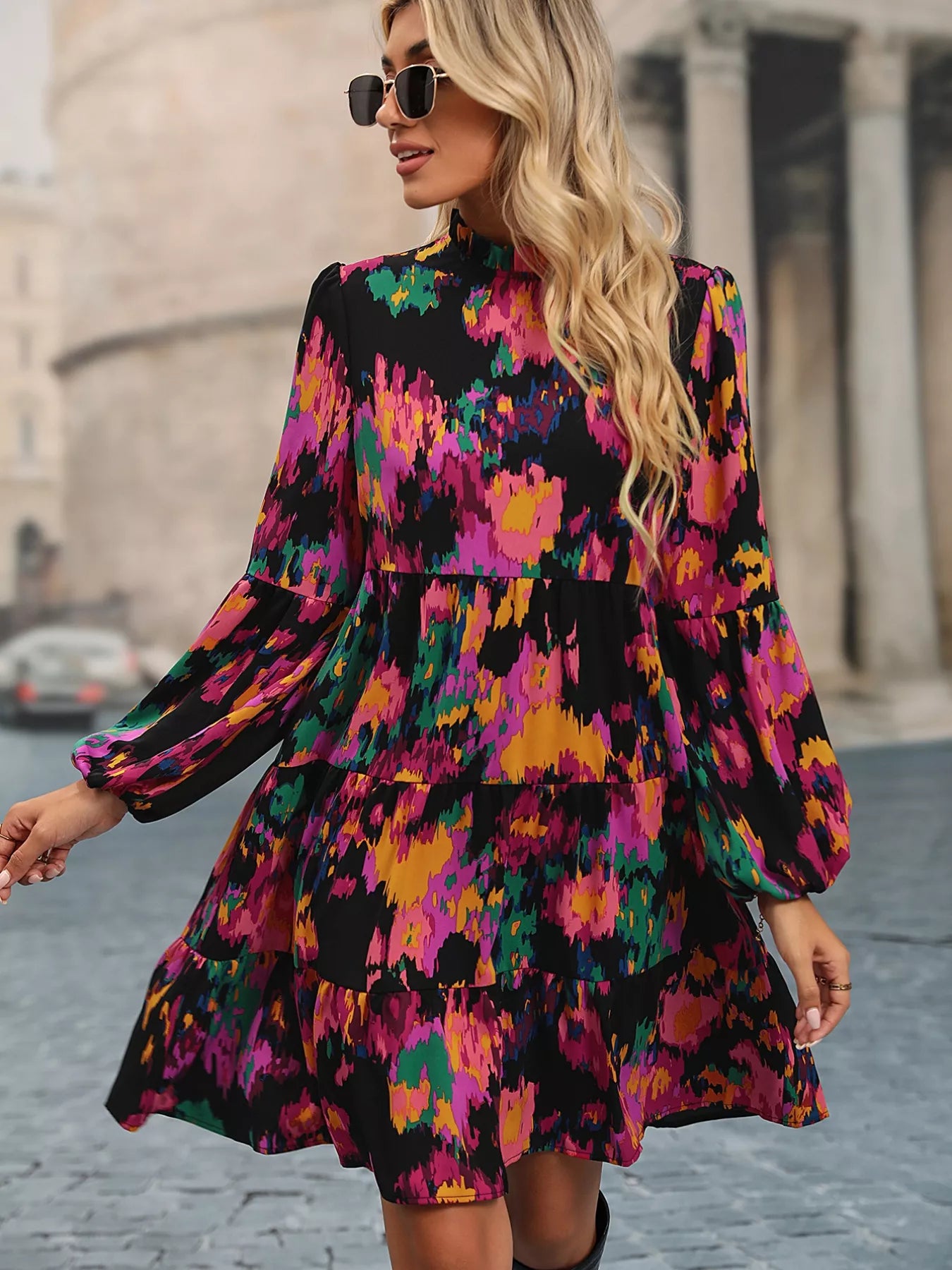 Printed Balloon Sleeve Mini Dress
