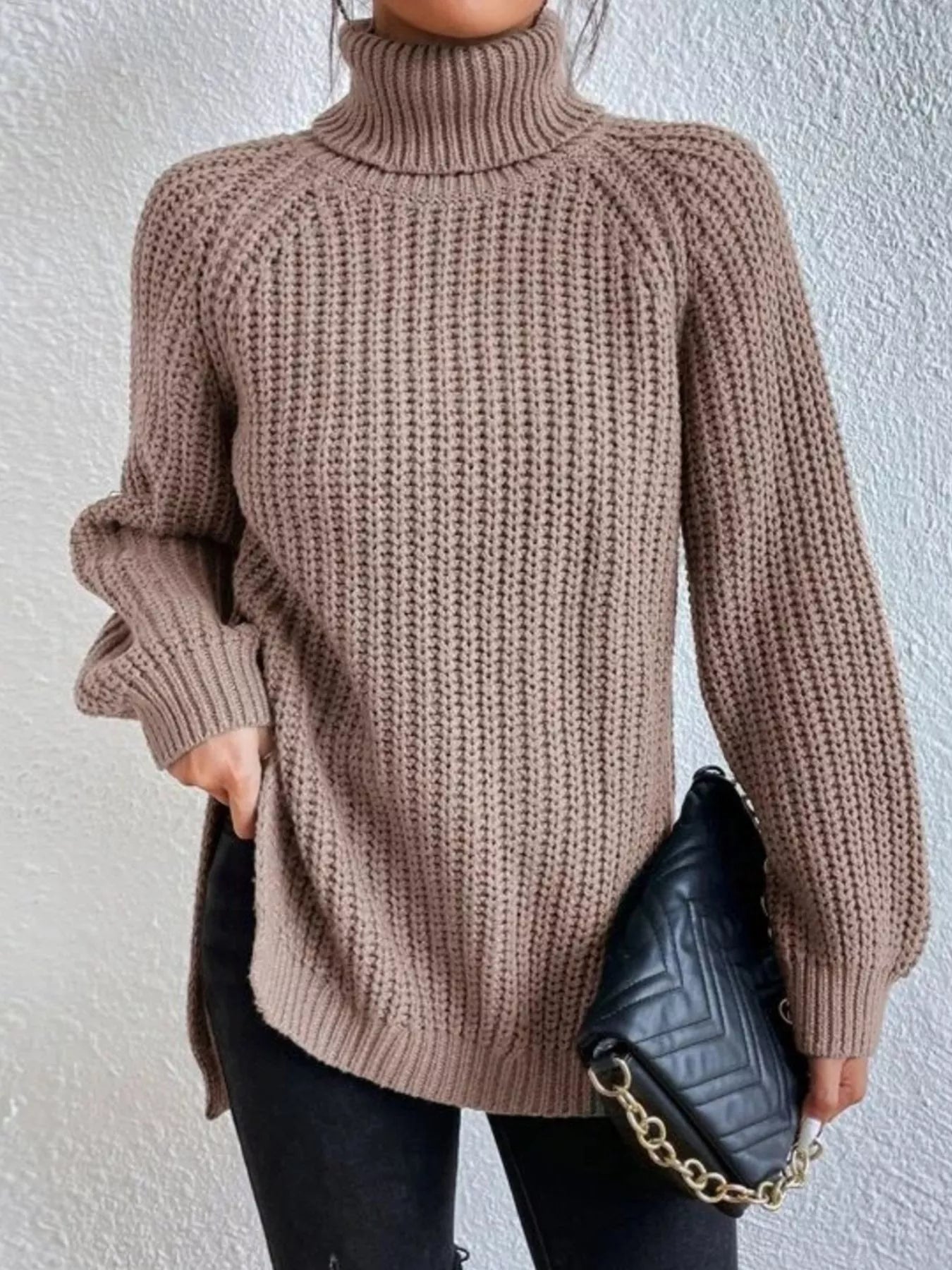 Full Size Turtleneck Long Sleeve Sweater Plus Size Khaki