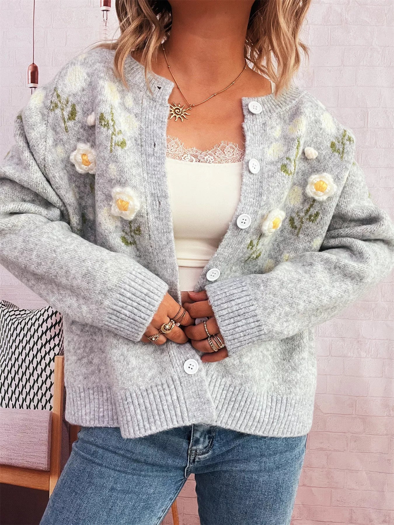 Flower Button Up Long Sleeve Cardigan Light Gray One Size