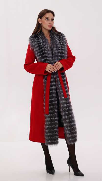 Genuine Silver Fox Virgin Wool Wrap Coat in Red