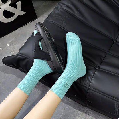 Breathable Ribbed Knit Crew Socks Light Blue One Size