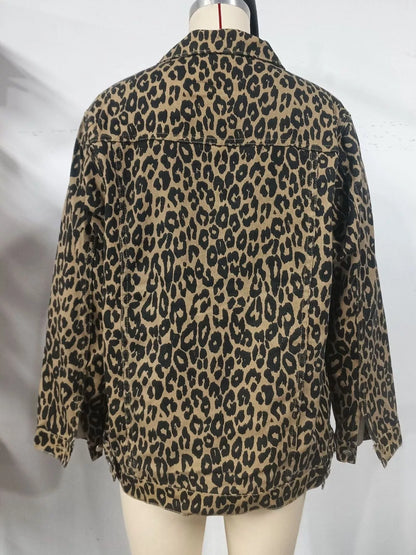 Leopard Button Up Long Sleeve Denim Jacket