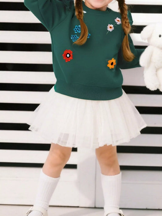 Children's Floral Embroidered Crew Neck Sweatshirt Dark Green