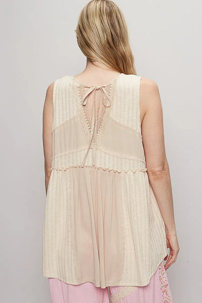 POL Lace Trim Two-Tone Tank with Pintuck Detail