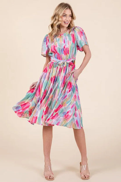 Lime 'N' Chili Watercolor Print Tie Front Midi Dress