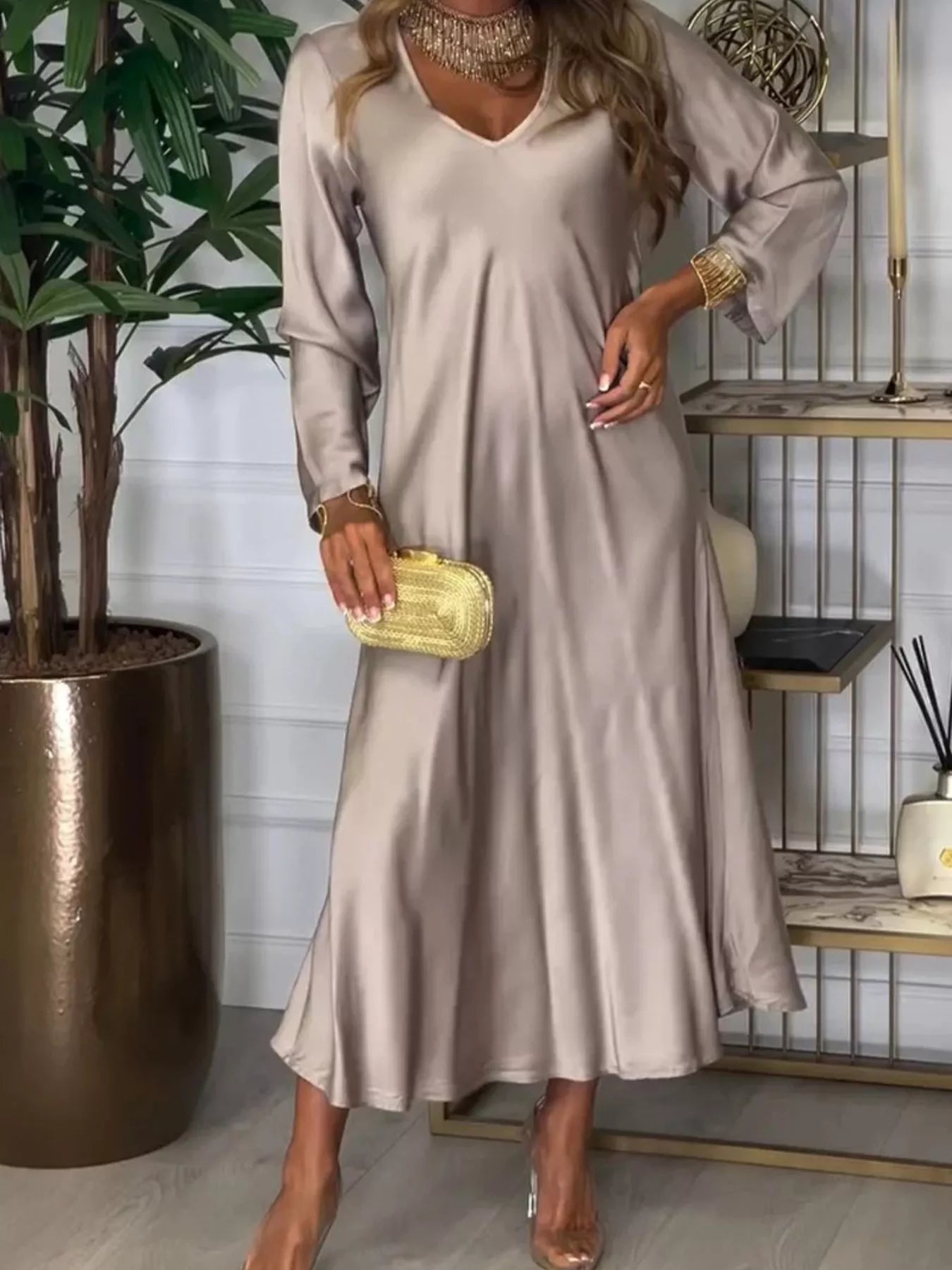 Full Size V-Neck Long Sleeve Midi Dress Plus Size Apricot