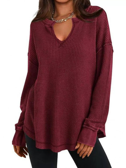 Waffle Knit Long Sleeve Sweatshirt Burgundy