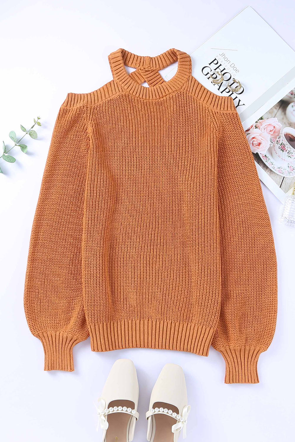 Back To School Sweater - Cutout Back Cold Shoulder Long Sleeve Sweater