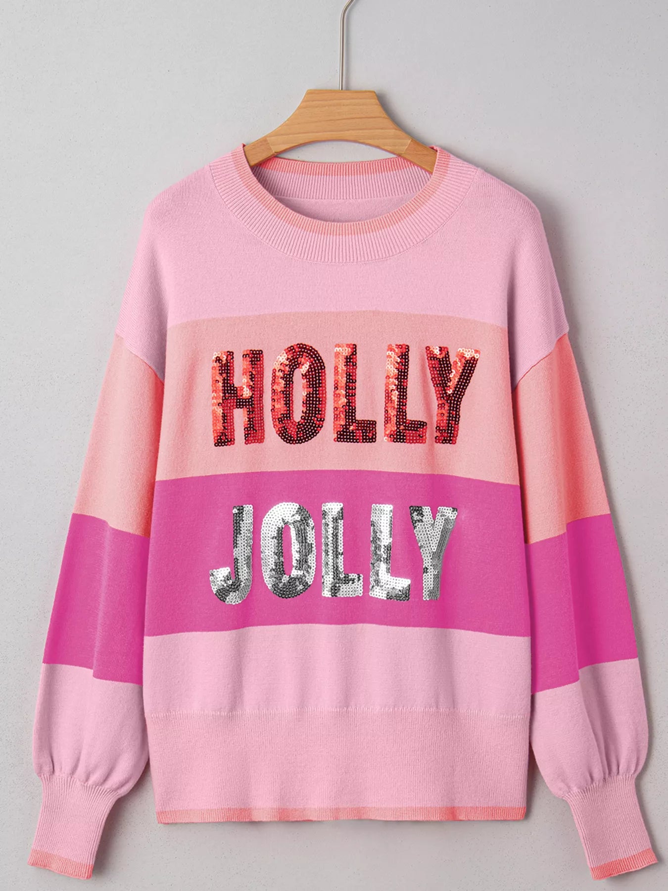 Sequined HOLLY JOLLY Color Block Crew Neck Sweater