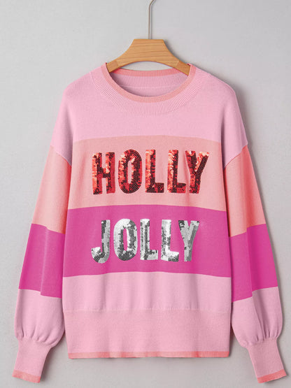 Sequined HOLLY JOLLY Color Block Crew Neck Sweater