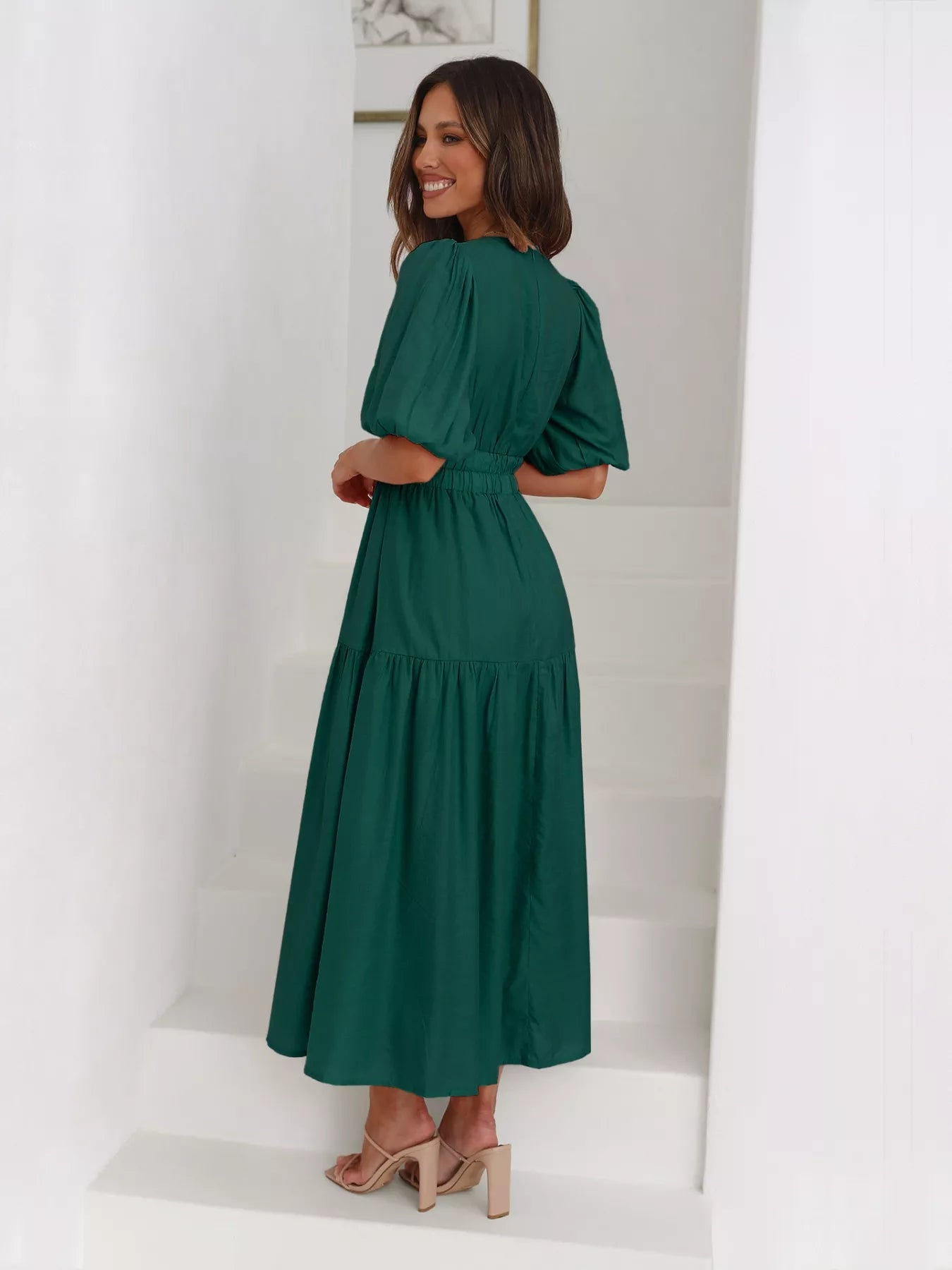 Tiered Puff Sleeve Midi Dress