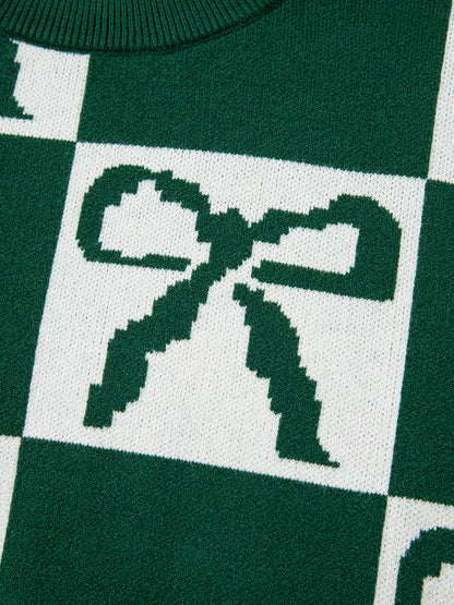 Checkered Bow Round Neck Casual Sweater